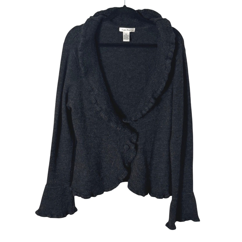 Susan Bristol Vintage Ruffle Trim Wool Blend Cardigan Gray Sz XL Bell Sleeve